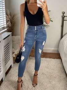 Nouveaux jeans skinny déchirés stretch pour femmes avec taille haute et boutonnière, polyvalents et