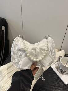 Fashion Bow Decor Pearl Chain Handbag Shoulder Bag - Beige - View 9