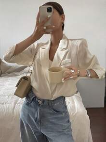 Livesso Women's Plain Front Button Closure Long Sleeve Pocket Casual Blazer Jacket,Fall Clothes - Beige - View 2