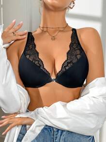 1 Stück Spitze Bralette mit Frontverschluss und tiefem V-Ausschnitt, sexy Dessous
