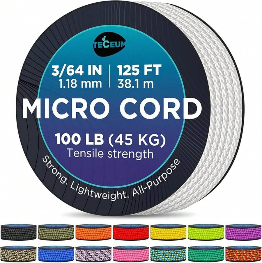 TECEUM Micro Paracord – 118 Mm X 125 Ft – Micro Utility Cord – Thin Braided Paracord Rope – Best Crafting, Projects, Fishing, Camping – Wind Chime – Survival Strong String - White - View 1