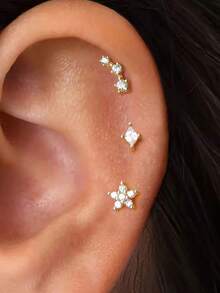 3 件时尚方形锆石可堆叠耳钉，适合女士，14K 镀金不锈钢方晶锆石独特花朵蝴蝶耳钉套装优雅穿孔珠宝，适合软骨耳屏耳轮耳垂，适合女士 - Gold-2# - 查看 5