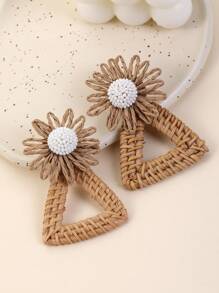 1 Pair Handmade Minimalist White Round Beaded Flower & Woven Triangle Pendant Earrings, Elegant Design For Women, Suitable For Travel, Social Events, And As Gifts