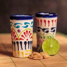 MEXTEQUIL - Vasos Tequileros de Cerámica Talavera Auténtica Mexicana, Set de 4 - Encaje Azul - Encaje Colores - Ver 4