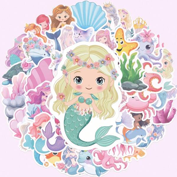 50pcs Sea Turtle, Mermaid, Seaweed Shell Sticker Set For DIY Scrapbooking, Decorating Journal, Guitar, Notebook, Helmet, Skateboard, Luggage, Phone, Computer