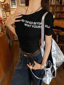 字母印花露肩短款 T 恤，修身夏季性感女式 T 恤 - 黑色 - 查看 3