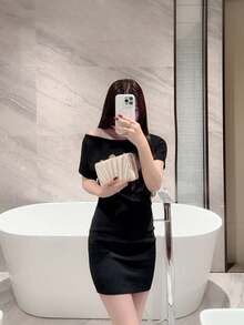 1 pieza Bolso de mano de noche elegante con diseño de caja plisada y decoración de perlas falsas, bolso de novia romántico para fiesta formal, bolso de fiesta formal con cadena, forma cuadrada