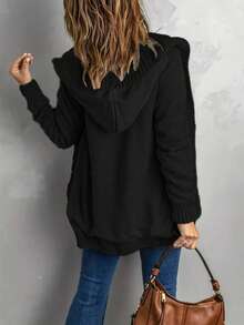 Áo khoác nữ cỡ lớn màu trơn có túi, kiểu dáng thanh lịch, thường ngày, trưởng thành, tay dài, có mũ, họa tiết đan cáp, phong cách Âu Mỹ, thu đông, màu đen. - màu đen - Xem 3