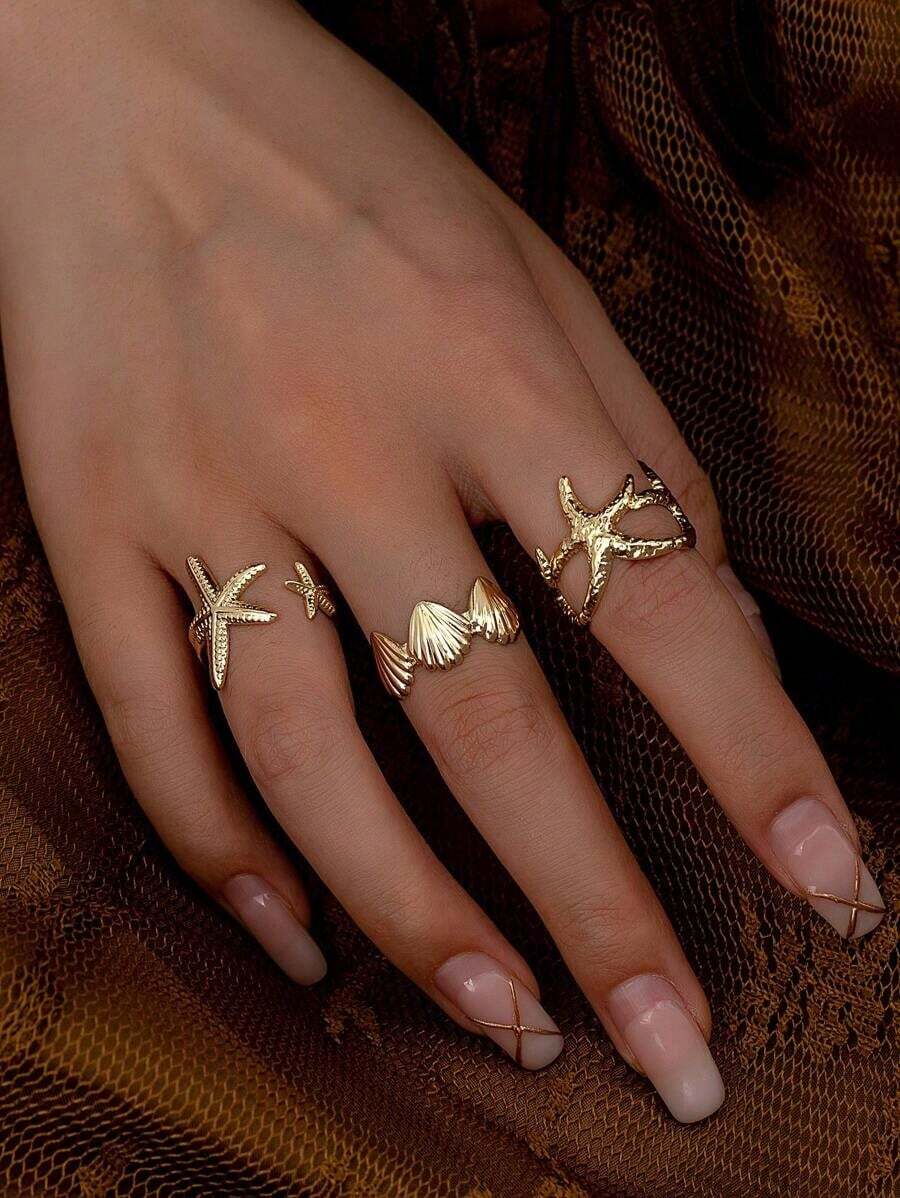 3 Pcs Summer Vocation Beach Sea Star Starfish Design Golden Color Rings Set For Women