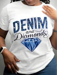 Women'S  Denim & Diamonds  Graphic T-Shirt - Casual Round Neck, Short Sleeve, All-Season Comfort Fit, Machine Washable, Glossy Finish, White With Blue Accents, Allseason Tee Geometric Diamond De - 白色 - 查看 1