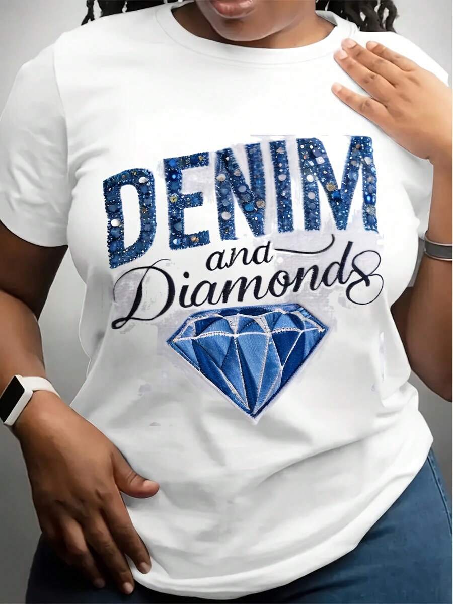 Women'S  Denim & Diamonds  Graphic T-Shirt - Casual Round Neck, Short Sleeve, All-Season Comfort Fit, Machine Washable, Glossy Finish, White With Blue Accents, Allseason Tee Geometric Diamond De - 白色 - 查看 1