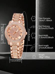JasonRolls 5 Stück/Set Damen Rosegold-Ton Band Mode Luxus Römische Ziffern Quarz Armbanduhr Schmuckset, geeignet für täglichen Tragen, Dekoration oder Urlaubsgeschenk - Roségold - Übersicht 5
