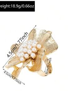1 pieza Anillo de flor de perla vintage lujoso y exagerado para mujeres, joyería de anillo abierto de textura asimétrica barroco