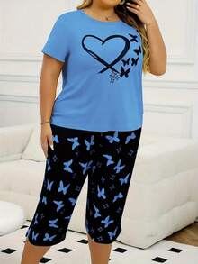 Plus Size Women's Casual Butterfly Print Short Sleeve T-Shirt And 7/8 Pants Pajamas Set, Spring, Summer, Autumn,Slightly Stretchy, Comfortable Homewear 2 Pcs - Blue - View 3