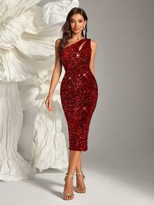 Đầm midi dự tiệc cạp cao, màu trơn, khoét lưng, khóa kéo phía sau, đính sequin, thích hợp cho Giáng sinh, tựu trường, sinh nhật, đám cưới, mùa xuân. - Đỏ - Xem 3