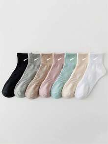 7 双女士纯色可爱蝴蝶结装饰袜子，纯柔软舒适休闲百搭经典款式，适合所有季节，日常穿着 - 彩色 - 查看 2