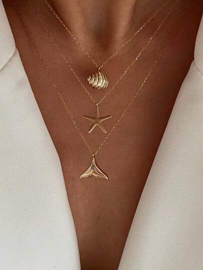3pcs/Set Minimalist Starfish Shell Fish Tail Design Pendant Necklaces For Women, Fashionable Jewelry Set For Beach Holiday, Date, Party, Daily Wear