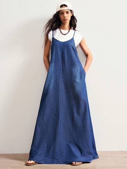 Bohemela 夏季纯色牛仔背带无袖休闲连衣裙