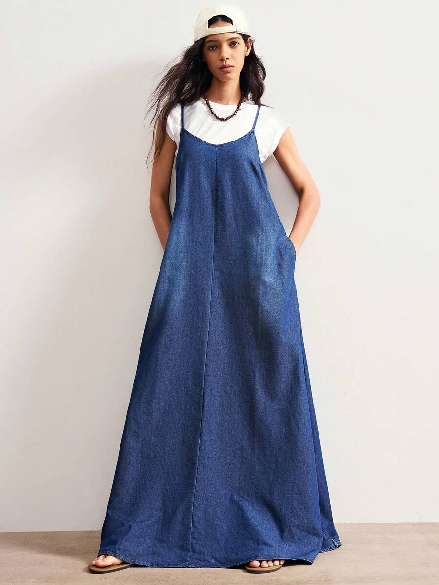 Bohemela 夏季纯色牛仔背带无袖休闲连衣裙 - 深色水洗藍 - 查看 1