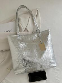 Large Capacity One Shoulder PU Tote Bag, Crocodile Print Fashion Women's Commuter Handbag, Cross-Border EU/US Style Versatile Backpack[Random Crocodile Print] - Silver - View 7