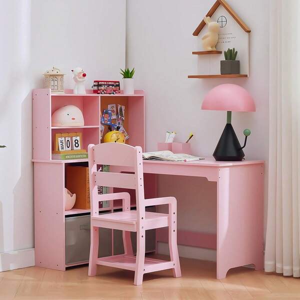 mteryoing Space-Saving L-Shaped Study Desk With Seating, Multi-Functional Organization System, Cork Bulletin Board, Open Shelves & Fabric Storage Drawers, Pink Compact Furniture Solution