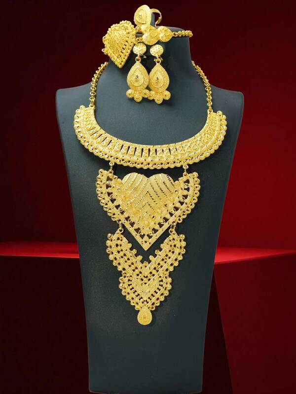 Summer Heart-Shaped Jewelry Set Including Earrings, Ring, Bracelet, Necklace, 24K Gold Dubai Style Fashion Luxury Item, Elegant Wedding/Party/Gift, Suitable For Valentine's Day