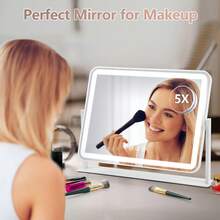 Lighted Vanity Mirror With 3 Color Lighting Modes & Dimmable LED-5X, USB-Powered Makeup Mirror For Skincare, Grooming - White - trắng - Xem 7