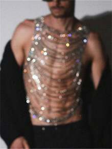 1pc Personalized Multi-Layer Shiny Crystal Chest Chain, Glamorous Fashion Bikini Accessories