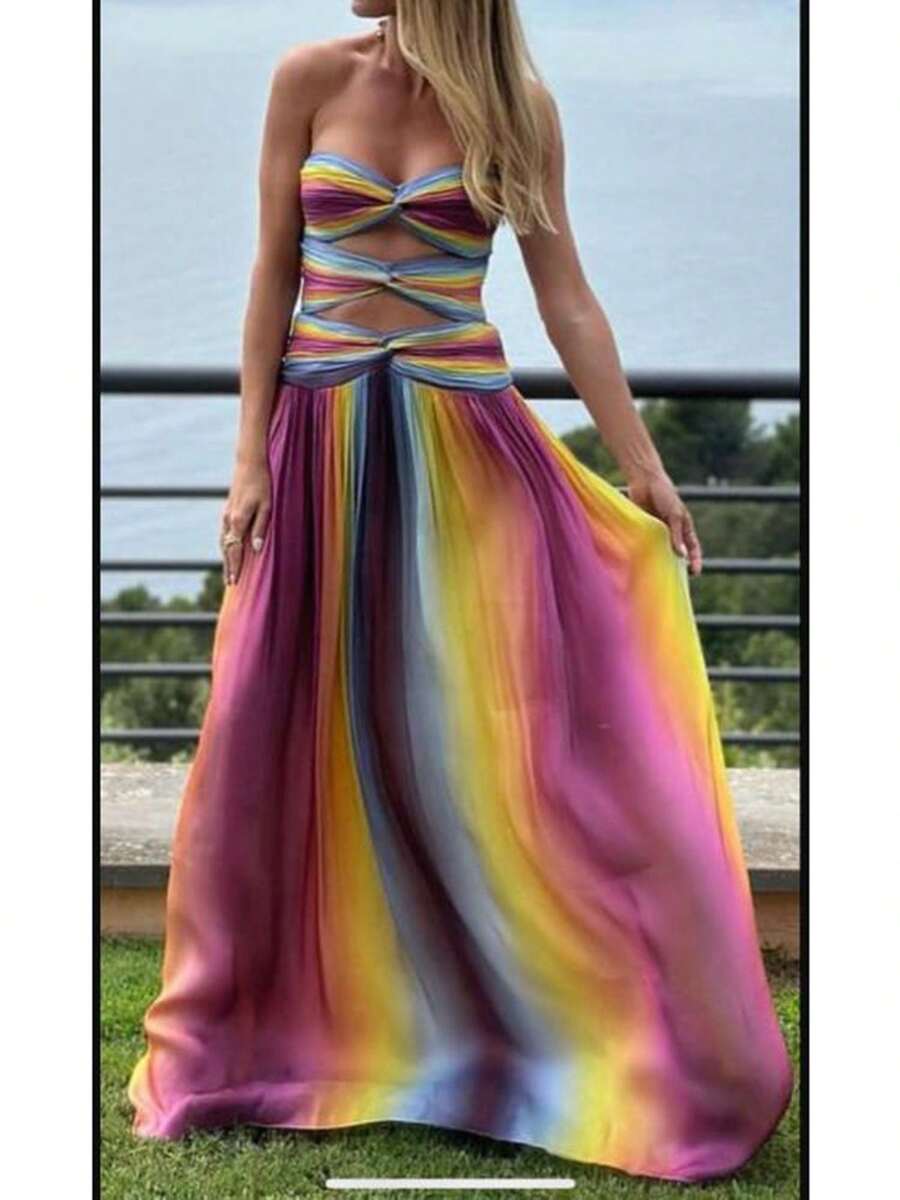 .Women Tie Dye Strapless Maxi Dress Elegant Gradient Twist Front Hollow Out Long Dress Summer Off Shoulder Flowy Dresses - 紫色 - 查看 1