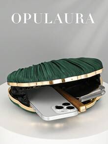 OpulAura 女士优雅/奢华褶皱缎面盒形鸡尾酒手拿包、浪漫婚礼手提包、精致晚礼服钱包、简约杏色盒形包，配有可拆卸链条，适合作为节日礼物 - 墨綠色 - 查看 3