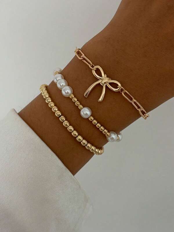 3pcs Fashion Chic Ribbon Bow Bracelets, Elegant Pearl Heart & Star Multilayer Bracelet Set, Suitable For All Occasions, Perfect Gift Choice