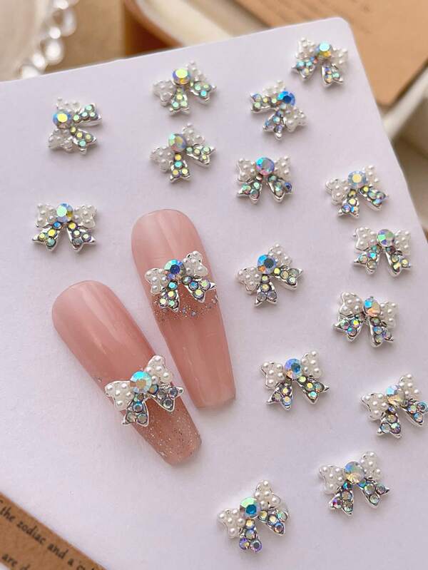 10Pcs Exquisite Silver Bow Nail Art Decoration 3D Middle East Style Nail Charms Shiny Colorful Rhinestones White Pearls Bowknot Design Nail Jewelry Suitable For Nail Art Creation, DIY Decorative Accessories Y2K Nails Supplies Nail Art Nails Gems