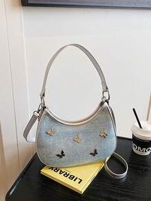 2025年夏季女士新月形手提包，蝴蝶金属装饰，时尚腋下包，多功能小单肩包，斜挎休闲钱包