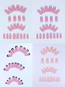 288Pcs /12Set Chic French Tip Press-On Nails Set Line Decoration- Medium Square Shape With Glossy Finish, Easy Application Kit, Salon-Quality, Long-Lasting Wear, Includes Nail File & Adhesive Tabs - Perfect For Women And Girls Nail Supplies Nails - Multicolor - View 3