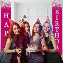 1 pezzo Striscione con ghirlanda di bandierine per compleanno, lettere argento glitter su sfondo rosa rosso, decorazione porta per festa di compleanno per donna, dimensioni 180 x 30 cm