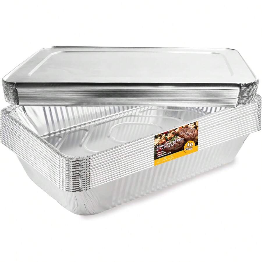 10pack Large Aluminum Pans With Lids Disposable Full Heavy Duty Roasting, Broiling, Baking, Catering Pans 21x13x3(Full-Size W/Lids) - Silver - View 1