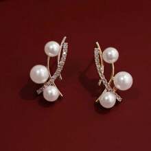 Cross Line Faux Pearl Earrings For Girls Fresh Gold Color Ear Piercing Women Accessories Daily Wear Delicate Jewelry Korean Fashion Faux Pearl Stud Earrings For Women Modern Design Gold Color Ear Earrings With Shiny Girls Jewelry