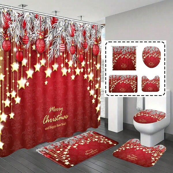 [Escolha popular] Conjunto de cortinas de banheiro de 1/4 peças, cortina de chuveiro, decoração de banheiro, tapete de banho, decoração de casa, árvore de Natal, estrelas, padrão de bolas de Natal, presentes, decoração temática de Natal e Ano Novo, "Feliz Natal", conjunto de banheiro clássico e minimalista, inclui 12 ganchos