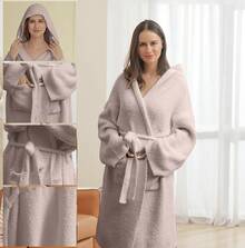 Bearberry Hooded Robe Cozy Leopard Robe Lightweight Soft Plush Bathrobe With Pockets For Women - Kuning - View 6