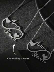 1pc Customized Double Name Infinity Necklace Girl Jewelry Stainless Steel Personalized Double Nameplate Heart Pendant Necklace, Custom Necklace, Name Necklace, Silver Chain Necklace Unique Customized Birthday Gift Couple Gift