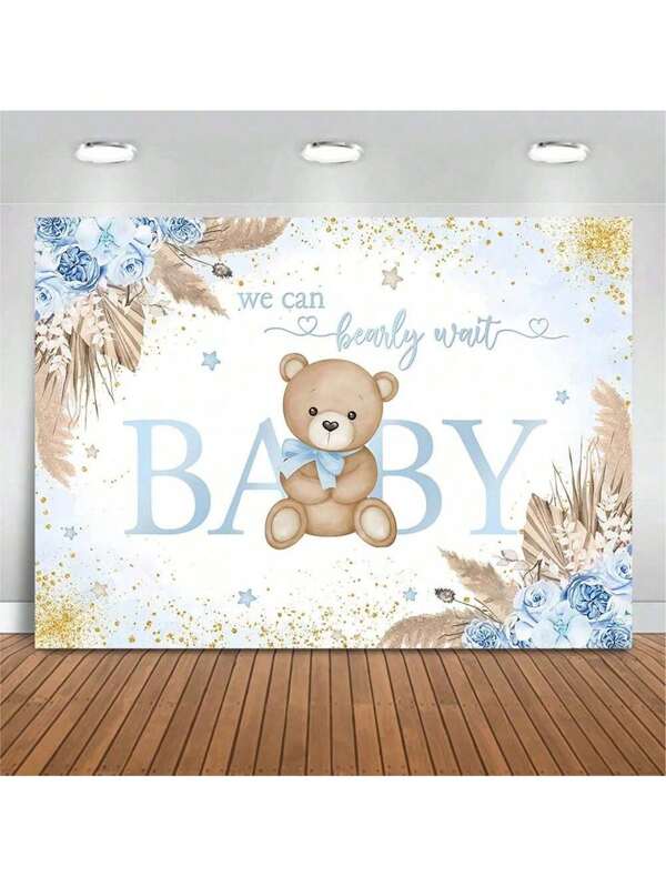 Cute Cartoon Brown Bear & Blue Flower Background, Newborn Party Decoration Prop, Baby Photography Backdrop