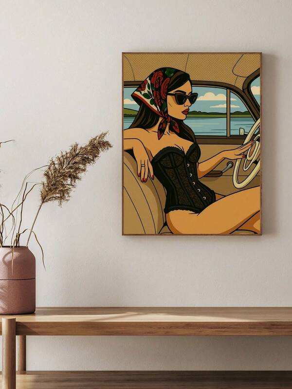 1 stuk canvas schilderij met een vrouw die rijdt met een sjaal en een zonnebril, "Stijlvolle vrouw die rijdt", decoratie voor slaapkamer, woonkamer, kantoor en muurdecoratie.