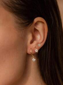 Set de 3 piezas de pendientes de flor de acero inoxidable con circonia para mujeres, aros y aretes de cartílago plateados en oro de 14K hipoalergénicos para uso diario