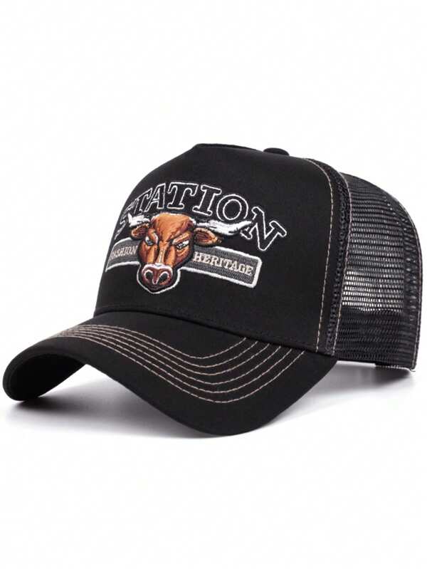 1pc Vintage American Bull Head Baseball Cap, Breathable Mesh Trucker Hat, Unisex, US Style