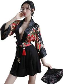 SINROYEE Anime Cosplay Women Cheongsam Lingerie Dress Japanese Kimono Costumes Dancer Chemise Side Slit - Black - View 1