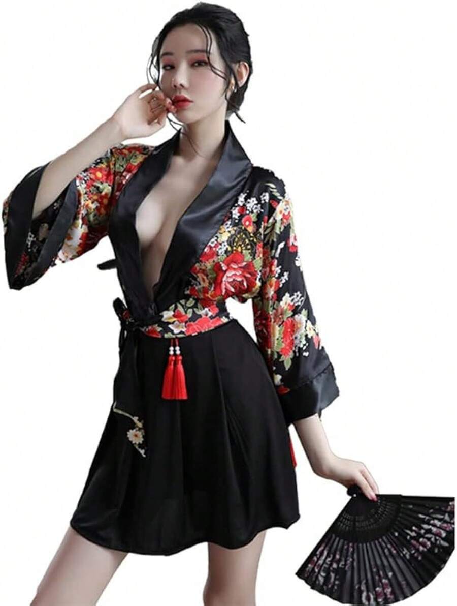 SINROYEE Anime Cosplay Women Cheongsam Lingerie Dress Japanese Kimono Costumes Dancer Chemise Side Slit - Black - View 1