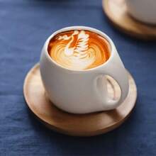 1 pieza Taza de café de cerámica hecha a mano multicolor con platillo de madera, 7oz/12.3oz, segura para microondas y lavavajillas, reutilizable, ideal para té, café o bebidas calientes