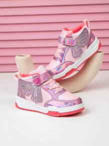 1 Pair Girls' Sweet Polyamide Princess Style Shoes With Butterfly Embroidery, Cute High Top Children Canvas Shoes With Shiny Leather Surface, Suitable For All Seasons, Colorful Outsole Sports Sneakers