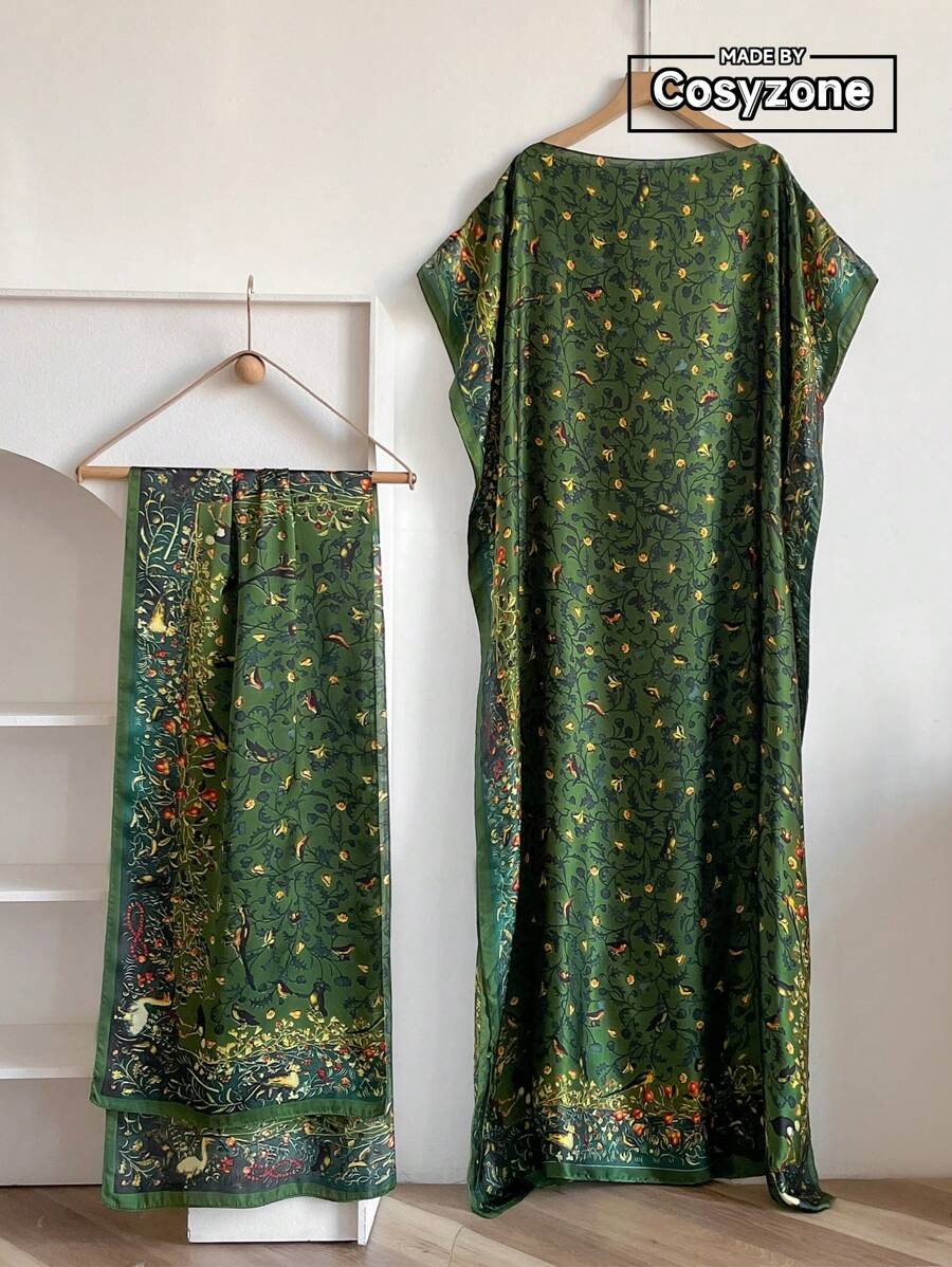 1 Pc Women's Faux Silk Bird Print Robe Set With Headscarf, Summer Beach Sun-Protective Cover Up Poncho With Satin Scarf