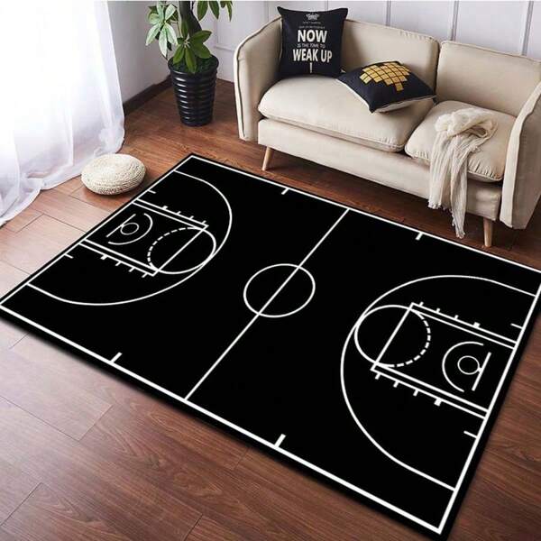 1pc Basketball Court Design Rug, Anti-Slip, Machine Washable, Home And Office Decor, Living Room Carpet, Area Rug, Pad, Home Decoration, Large Round Carpet For Living Room, Washable Carpet